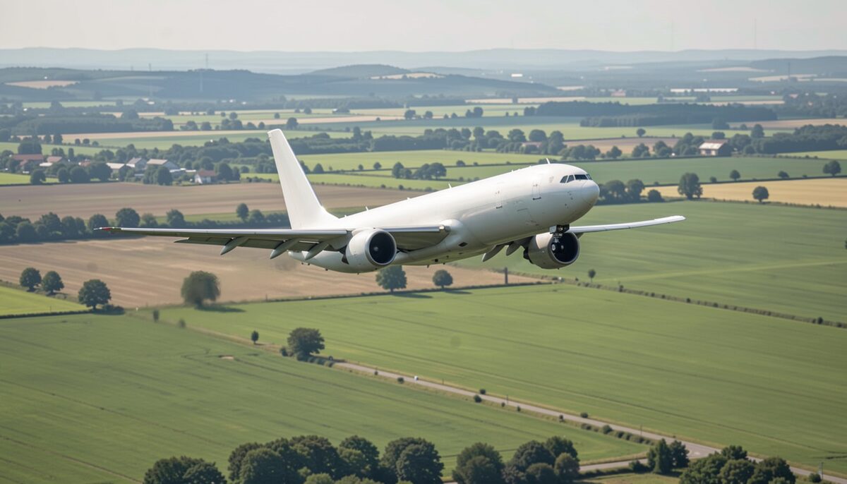 A twin-engine aircraft banking over farmland.