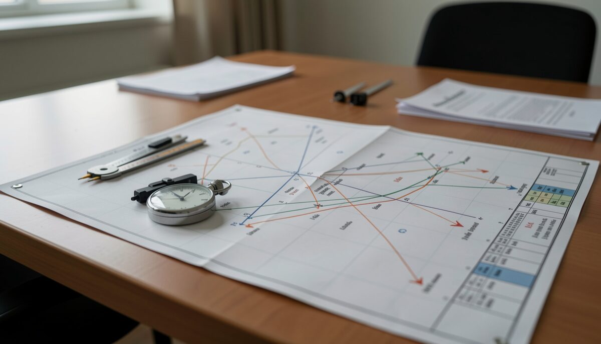 Flight chart, dividers and stopwatch on a desk.