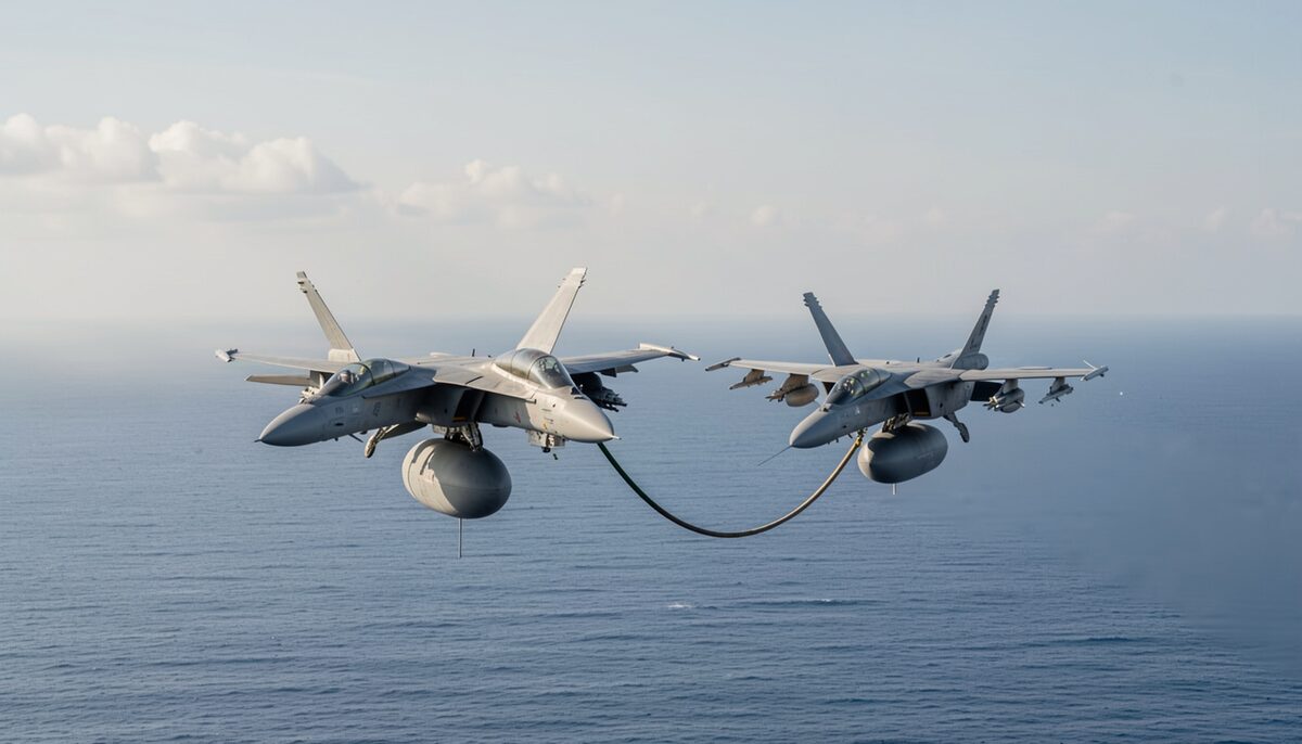 Two fighter aircraft connected by refueling equipment over the sea.