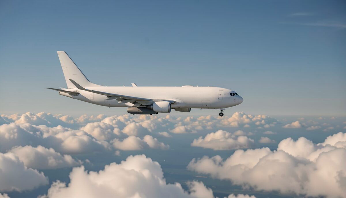 A twin-engine airliner flying above clouds.
