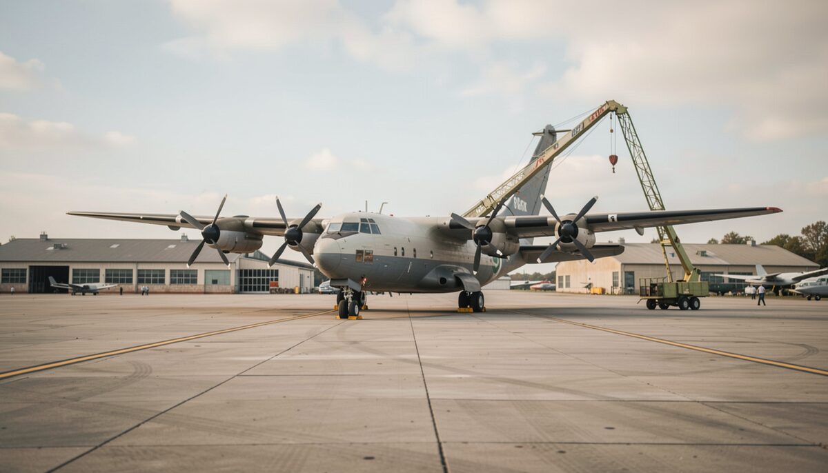 A propeller tanker aircraft displayed on an apron.
