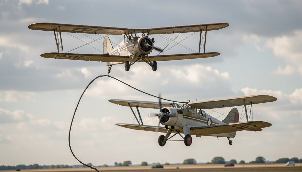 Two vintage biplanes in flight with a hose between them.