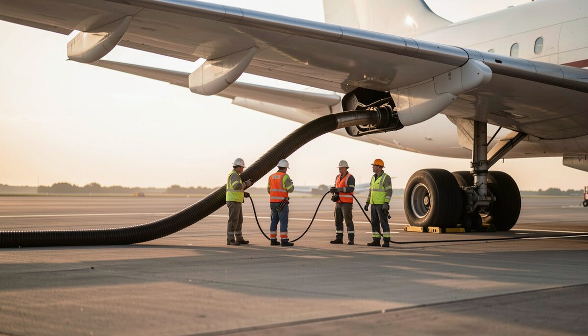 Ground crew working with a fuel hose beneath an aircraft.