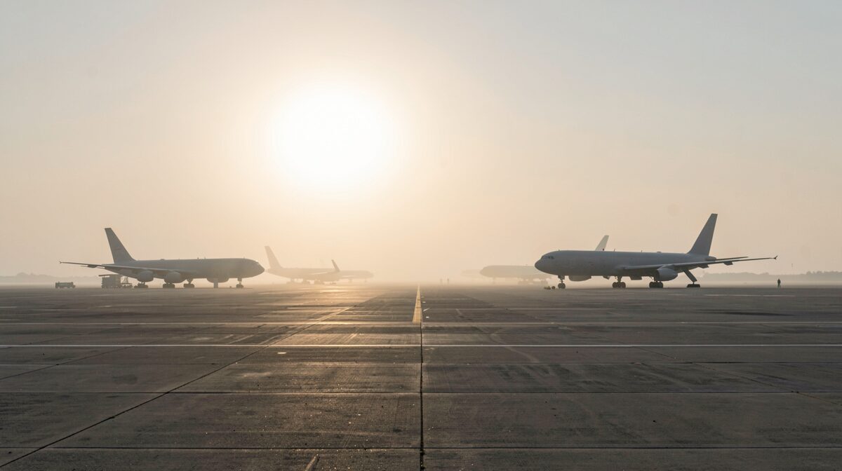 Tanker aircraft parked on a flight line at sunrise.