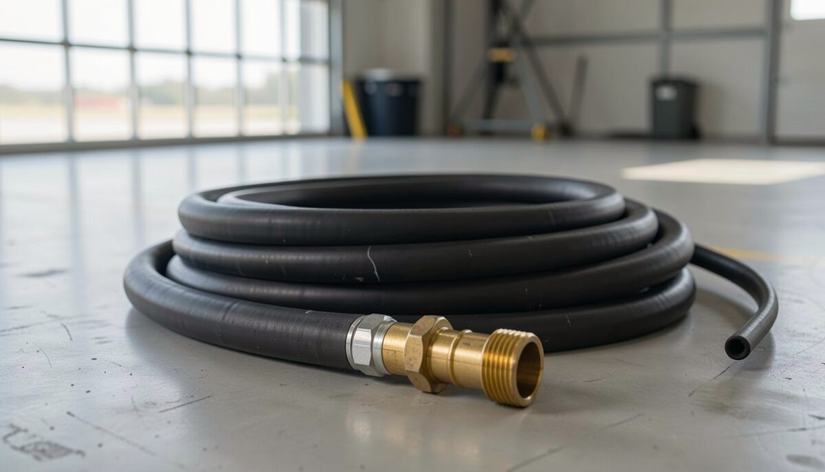 A coiled refueling hose and metal coupling in a hangar.