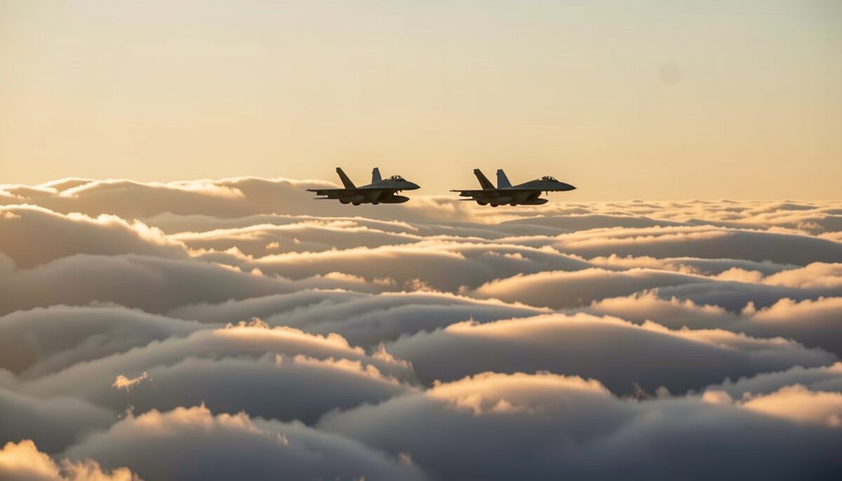 Two fighter aircraft above a bank of clouds.