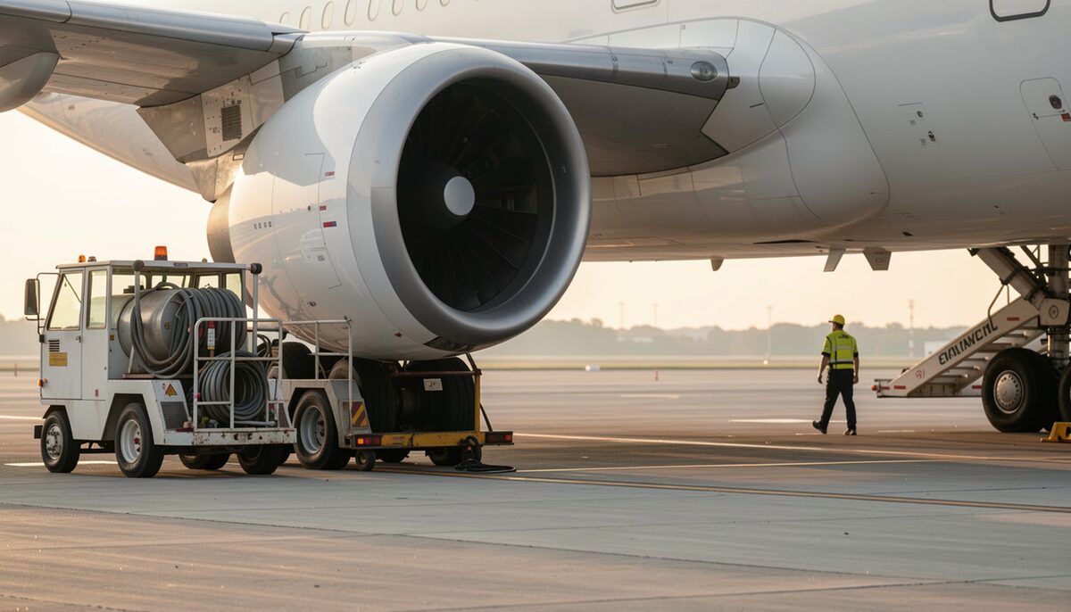Ground support equipment beside a large jet engine.