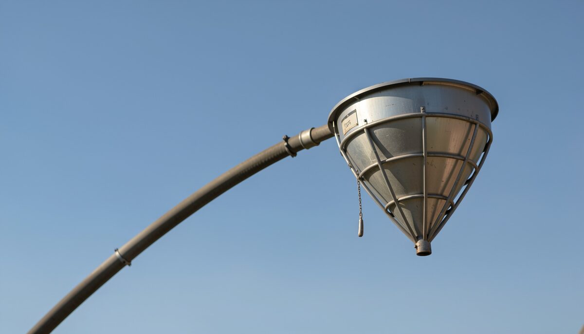 Refueling basket and hose against a blue sky.