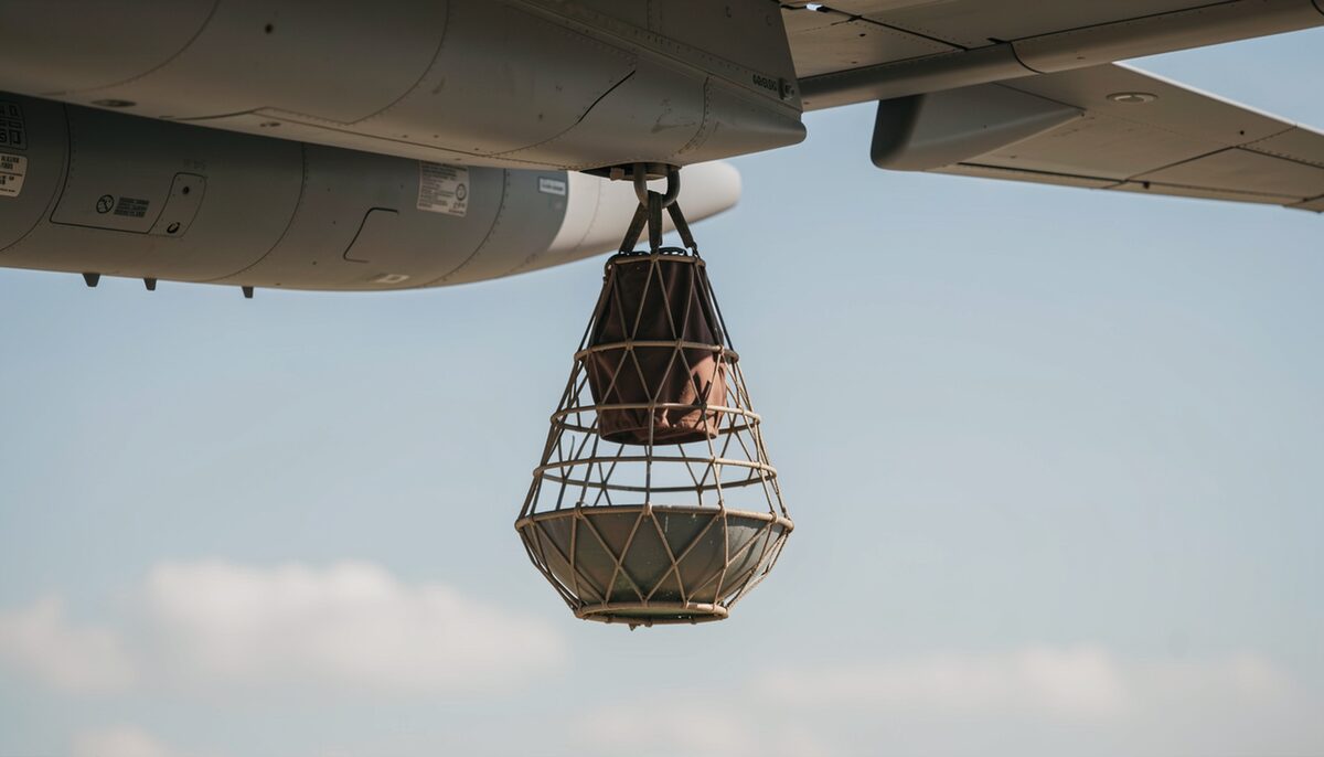A refueling basket suspended below an aircraft wing.