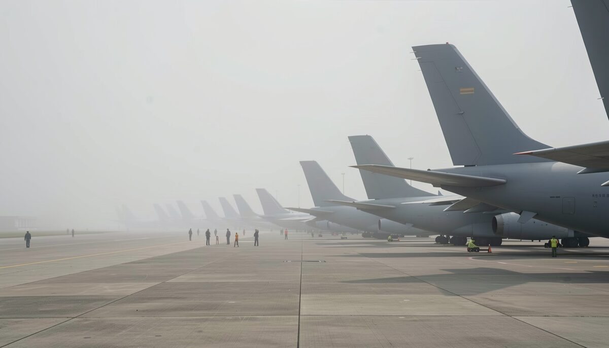 Rows of tanker aircraft on a misty apron.